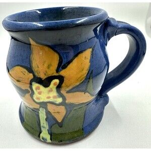 Blue Glazed Red Ware Clay Pottery Coffee Mug Hand Painted Daffodil 8 oz Signed